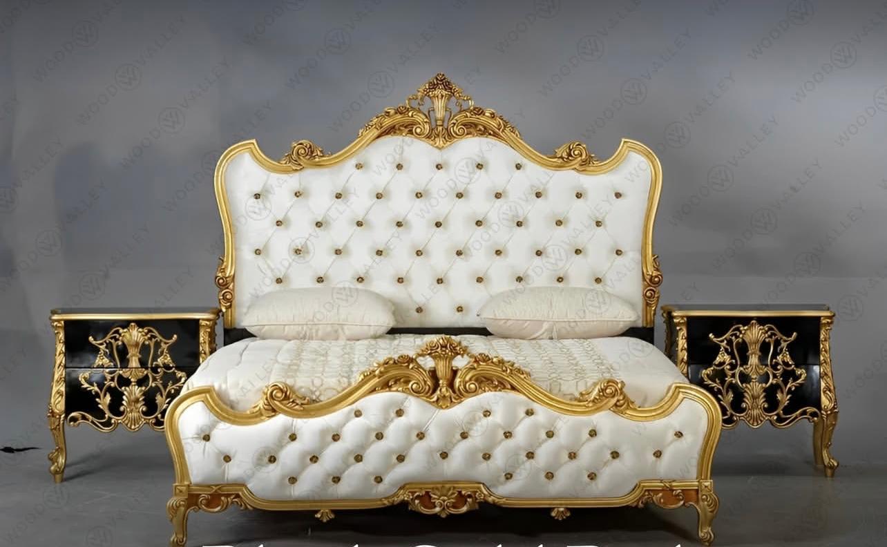 Golden Beige Bridal Bed Set with 2 Side Tables and Dressing Table.