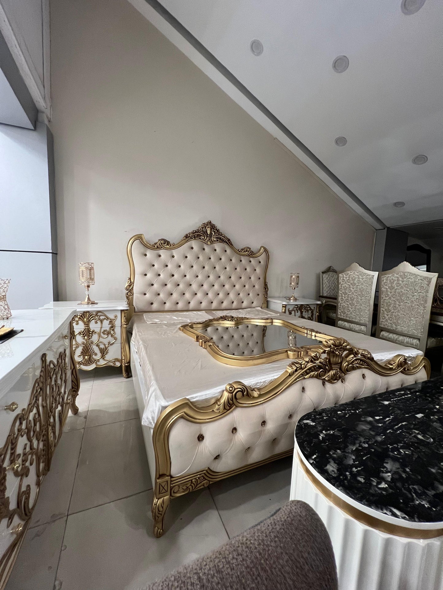 Golden Beige Bridal Bed Set with 2 Side Tables and Dressing Table.