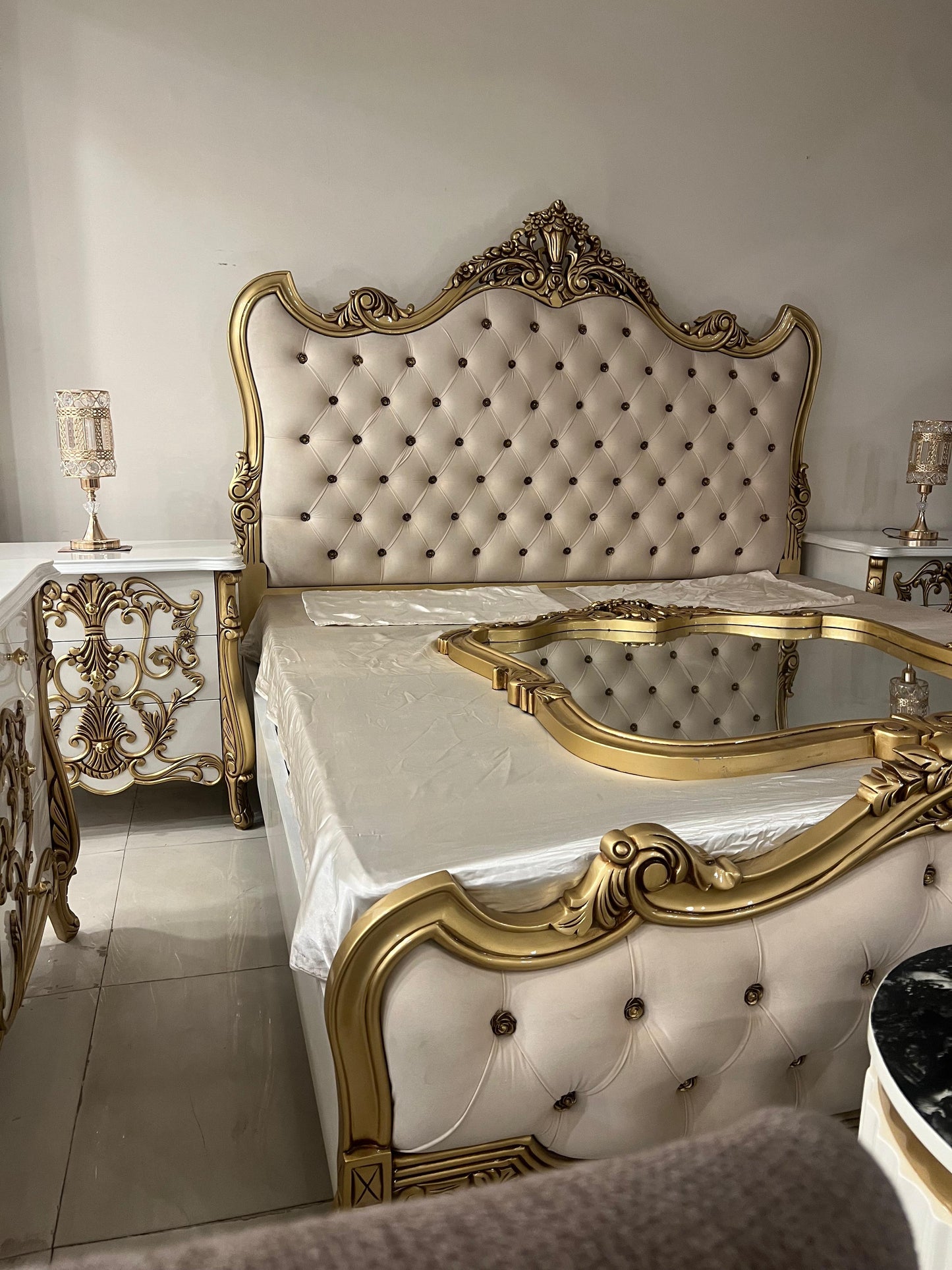 Golden Beige Bridal Bed Set with 2 Side Tables and Dressing Table.