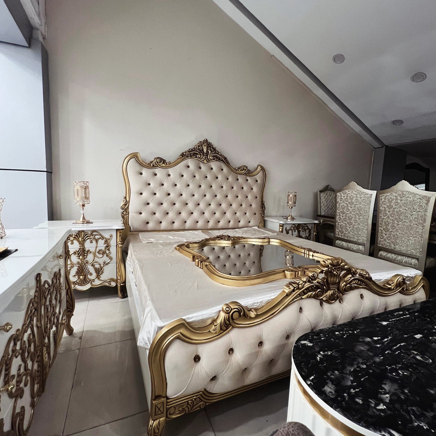 Golden Beige Bridal Bed Set with 2 Side Tables and Dressing Table.