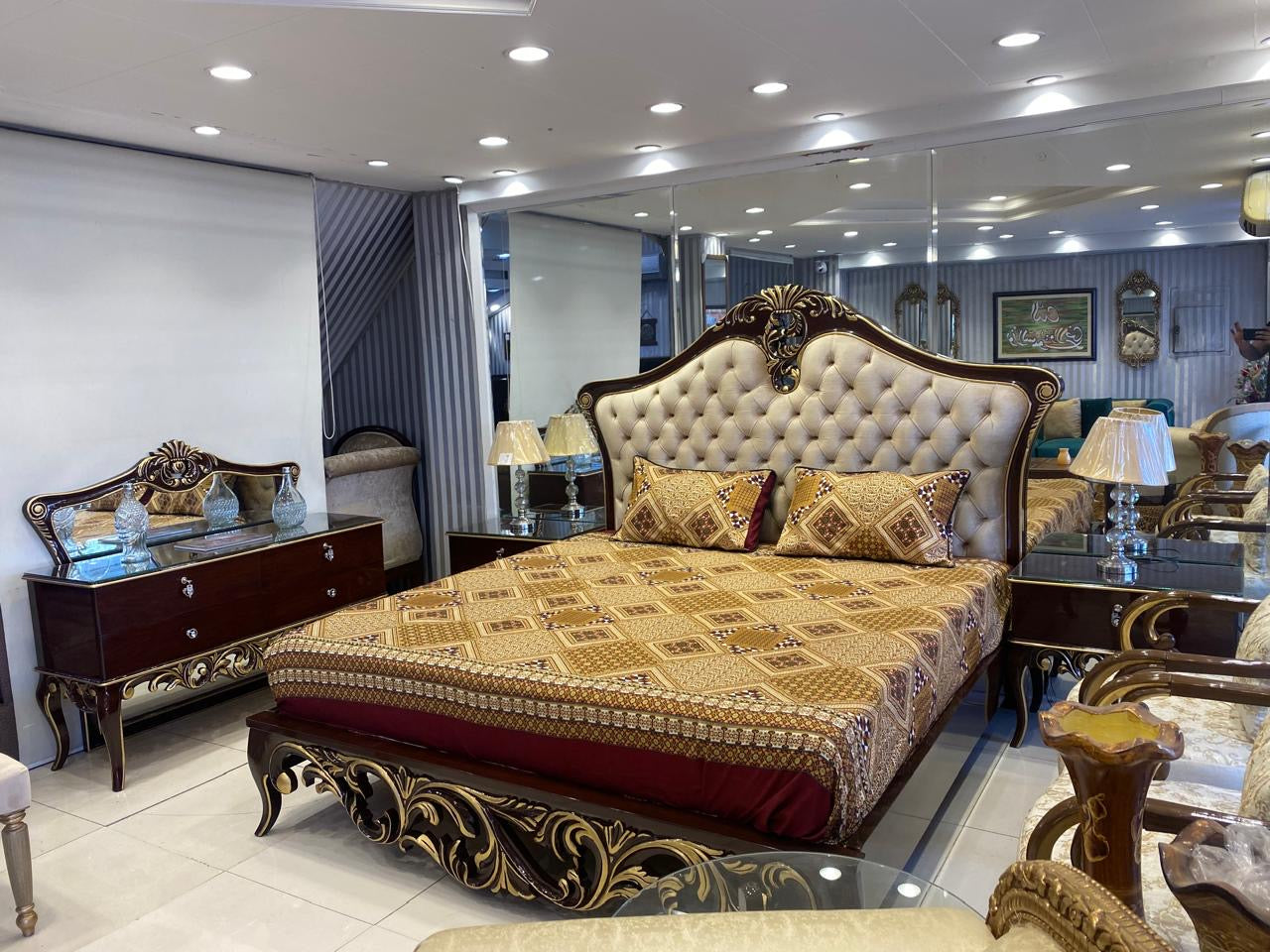 Bridal Carved Bed Set with Side Tables and Dressing Table