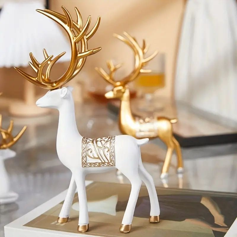 Elegant and Chic 2-Piece Resin Deer Statue Set – Gold & White