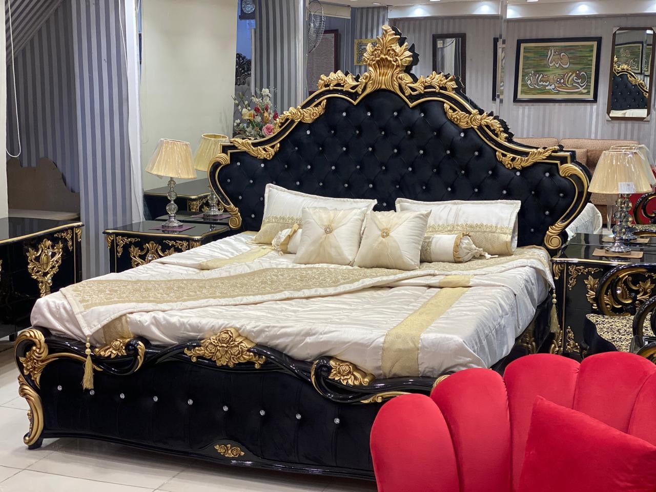 Gold Black Luxury Bed Set With Dressing & 2 Side-Tables