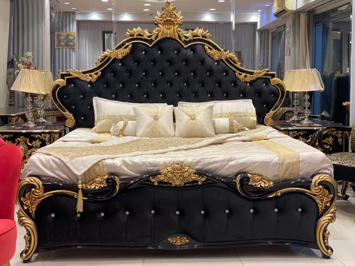 Gold Black Luxury Bed Set With Dressing & 2 Side-Tables