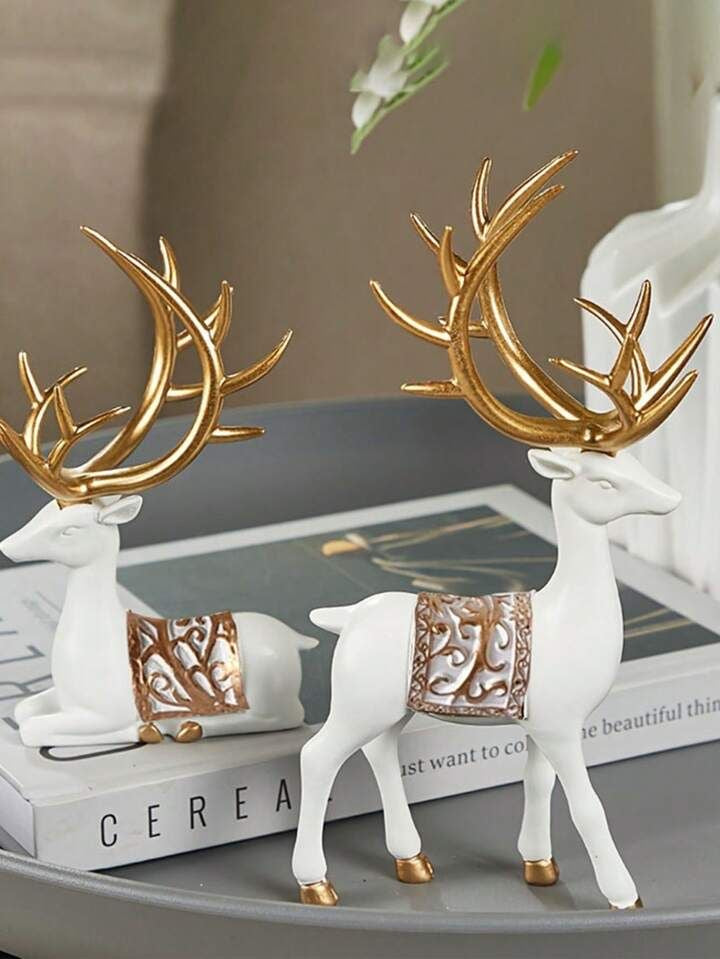 Elegant and Chic 2-Piece Resin Deer Statue Set – Gold & White