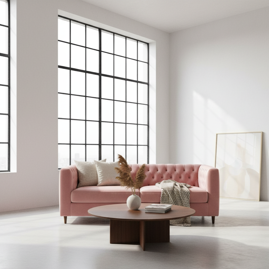 Pink sofa in a modern living room with large windows