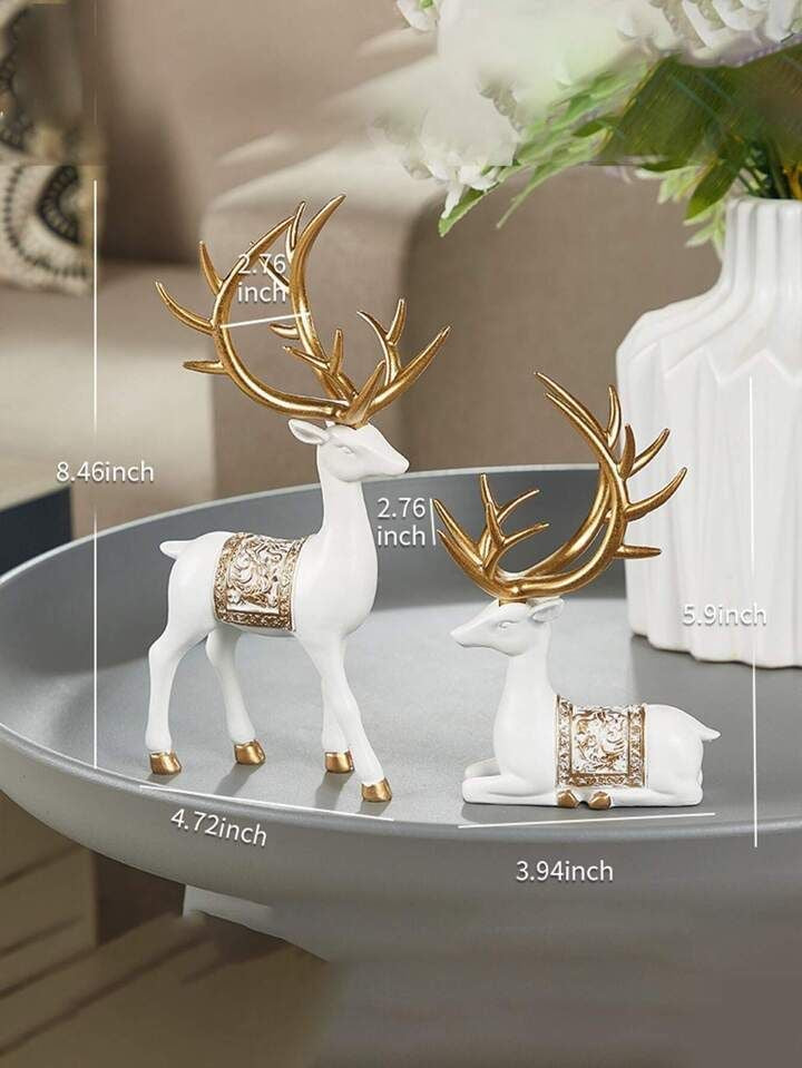 Elegant and Chic 2-Piece Resin Deer Statue Set – Gold & White