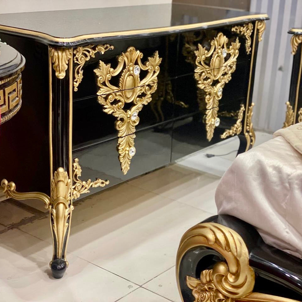 Gold Black Luxury Bed Set With Dressing & 2 Side-Tables