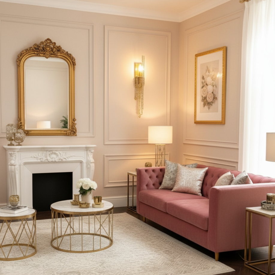 Luxurious living room with pink sofa, gold mirror, and decorative elements.