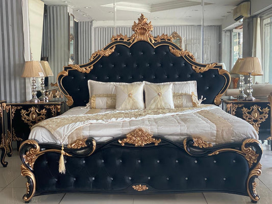 Gold Black Luxury Bed Set With Dressing & 2 Side-Tables