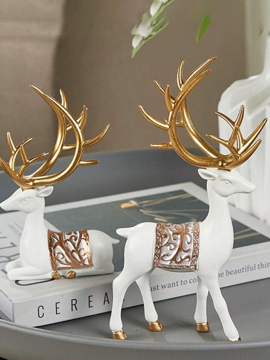 Elegant and Chic 2-Piece Resin Deer Statue Set – Gold & White