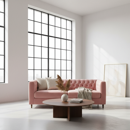 Pink sofa in a modern living room with large windows
