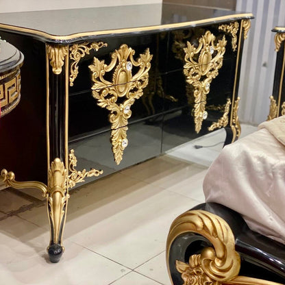 Gold Black Luxury Bed Set With Dressing & 2 Side-Tables