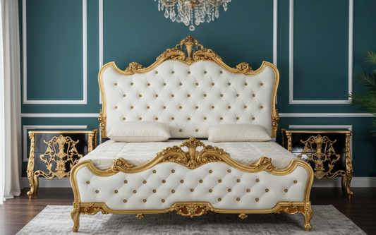 Golden-Beige Bridal Bed-Set With Dressing & 2 Side-Tables | For Newly Weds